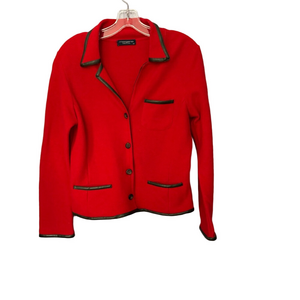 MORGANO Red Knit Lady Jacket with Brown Faux Leather Trim Sz 44 / US 8–10